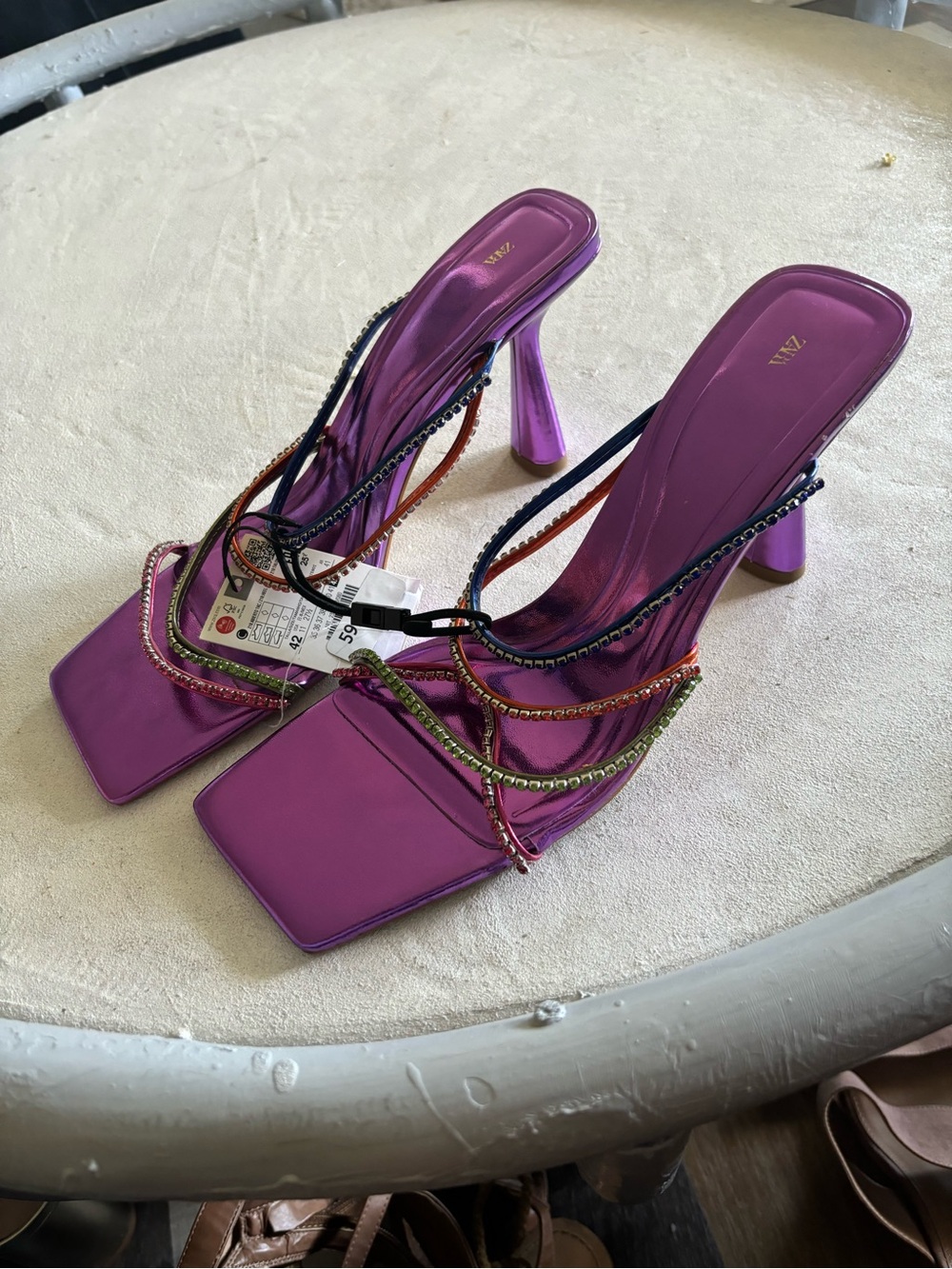 Zara Metallic Purple Square-Toe Heeled Sandals with Rhinestone Straps
